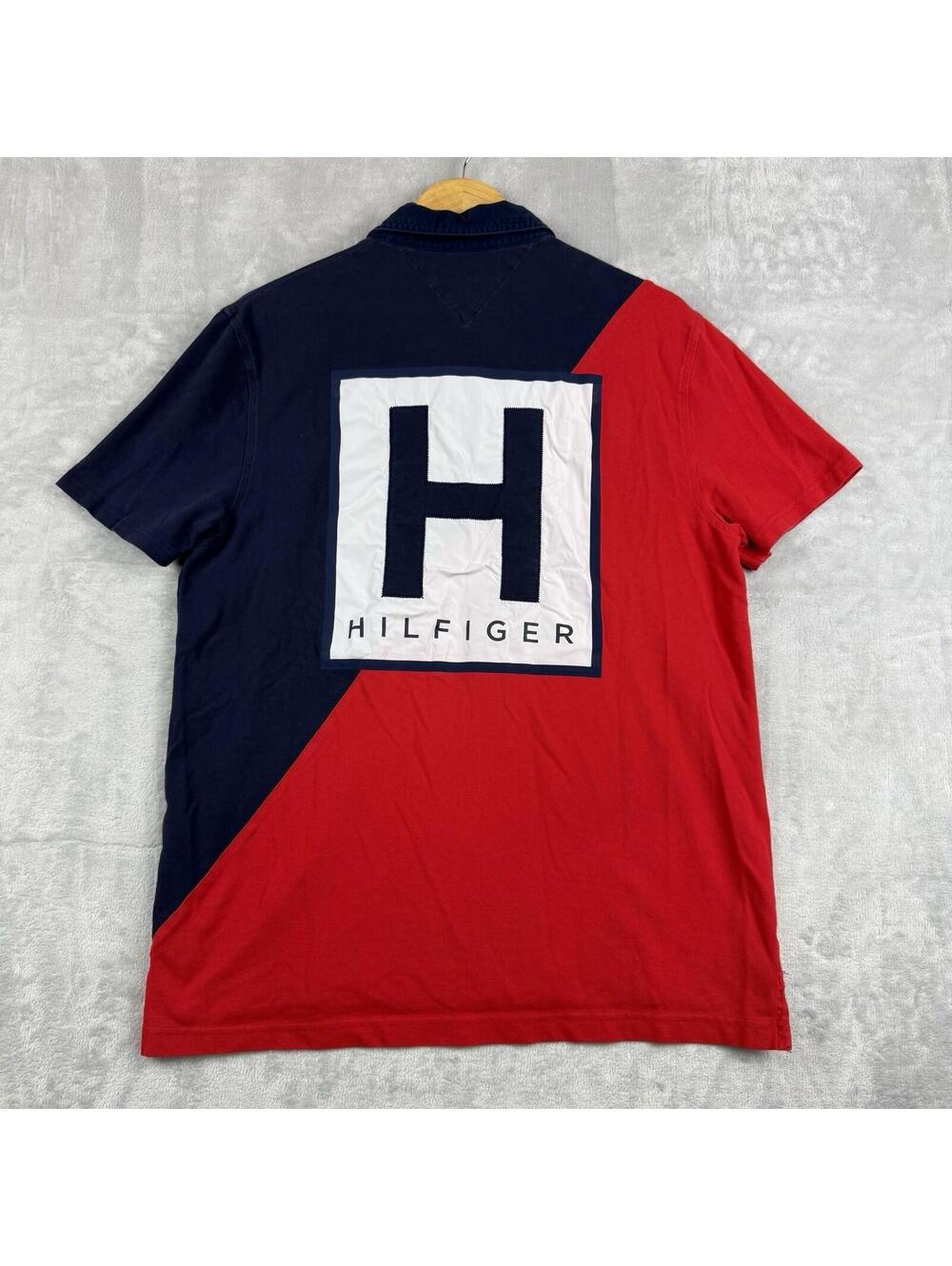 Tommy Hilfiger Polo Shirt Mens Large Colorblock Red Blue Flag Logo Classic Retro
